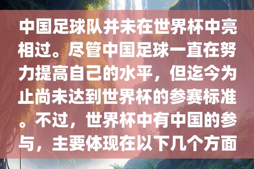中国足球队并未在世界杯中亮相过。尽管中国足球一直在努力提高自己的水平，但迄今为止尚未达到世界杯的参赛标准。不过，世界杯中有中国的参与，主要体现在以下几个方面