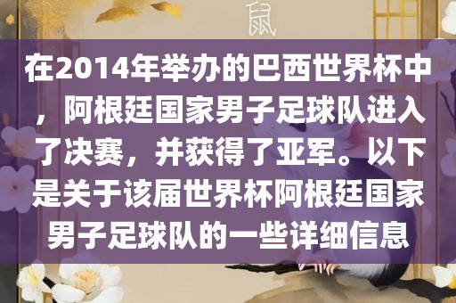 在2014年举办的巴西世界杯中，阿根廷国家男子足球队进入了决赛，并获得了亚军。以下是关于该届世界杯阿根廷国家男子足球队的一些详细信息
