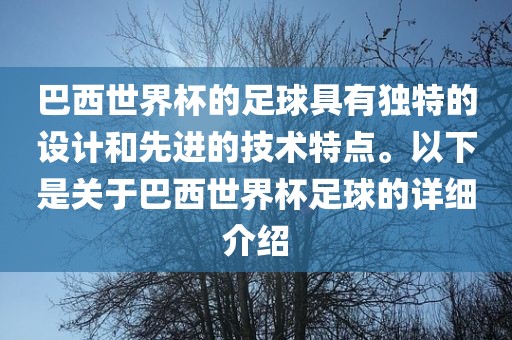 巴西世界杯的足球具有独特的设计和先进的技术特点。以下是关于巴西世界杯足球的详细介绍
