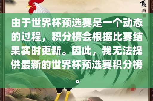 由于世界杯预选赛是一个动态的过程，积分榜会根据比赛结果实时更新。因此，我无法提供最新的世界杯预选赛积分榜。