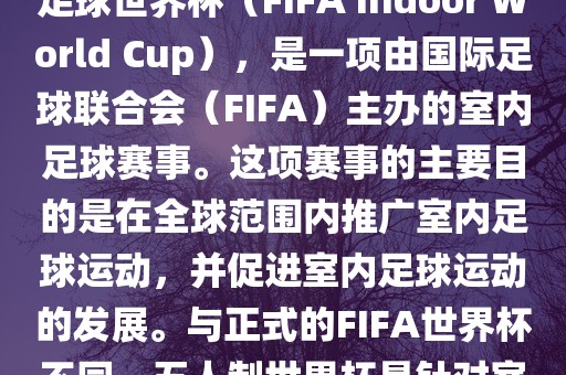 五人制世界杯，也被称为室内足球世界杯（FIFA Indoor World Cup），是一项由国际足球联合会（FIFA）主办的室内足球赛事。这项赛事的主要目的是在全球范围内推广室内足球运动，并促进室内足球运动的发展。与正式的FIFA世界杯不同，五人制世界杯是针对室内足球的比赛。