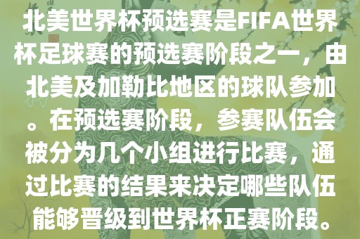 北美世界杯预选赛是FIFA世界杯足球赛的预选赛阶段之一，由北美及加勒比地区的球队参加。在预选赛阶段，参赛队伍会被分为几个小组进行比赛，通过比赛的结果来决定哪些队伍能够晋级到世界杯正赛阶段。