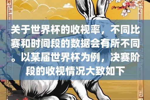 关于世界杯的收视率，不同比赛和时间段的数据会有所不同。以某届世界杯为例，决赛阶段的收视情况大致如下