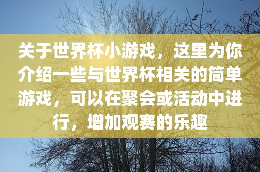 关于世界杯小游戏，这里为你介绍一些与世界杯相关的简单游戏，可以在聚会或活动中进行，增加观赛的乐趣