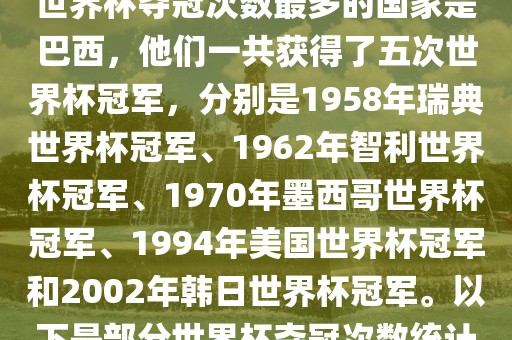 世界杯夺冠次数最多的国家是巴西，他们一共获得了五次世界杯冠军，分别是1958年瑞典世界杯冠军、1962年智利世界杯冠军、1970年墨西哥世界杯冠军、1994年美国世界杯冠军和2002年韩日世界杯冠军。以下是部分世界杯夺冠次数统计