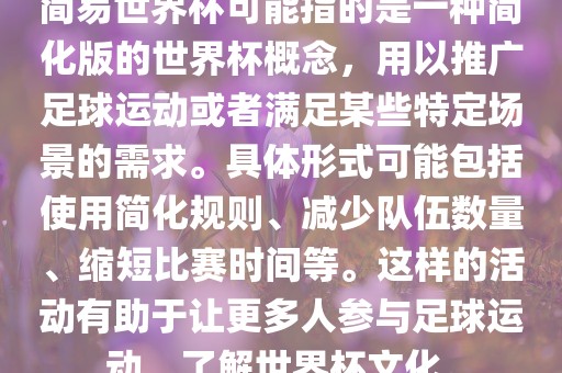 简易世界杯可能指的是一种简化版的世界杯概念，用以推广足球运动或者满足某些特定场景的需求。具体形式可能包括使用简化规则、减少队伍数量、缩短比赛时间等。这样的活动有助于让更多人参与足球运动，了解世界杯文化。