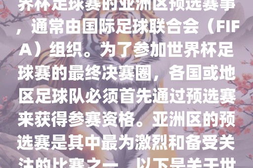 世界杯亚洲区预选赛是FIFA世界杯足球赛的亚洲区预选赛事，通常由国际足球联合会（FIFA）组织。为了参加世界杯足球赛的最终决赛圈，各国或地区足球队必须首先通过预选赛来获得参赛资格。亚洲区的预选赛是其中最为激烈和备受关注的比赛之一。以下是关于世界杯亚洲区预选赛的基本信息