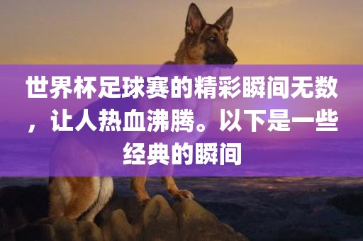 世界杯足球赛的精彩瞬间无数，让人热血沸腾。以下是一些经典的瞬间
