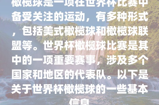 橄榄球是一项在世界杯比赛中备受关注的运动，有多种形式，包括美式橄榄球和橄榄球联盟等。世界杯橄榄球比赛是其中的一项重要赛事，涉及多个国家和地区的代表队。以下是关于世界杯橄榄球的一些基本信息