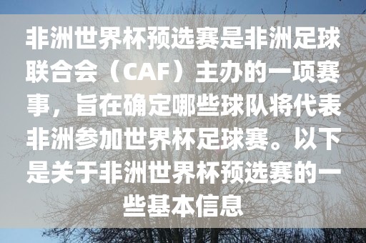 非洲世界杯预选赛是非洲足球联合会（CAF）主办的一项赛事，旨在确定哪些球队将代表非洲参加世界杯足球赛。以下是关于非洲世界杯预选赛的一些基本信息