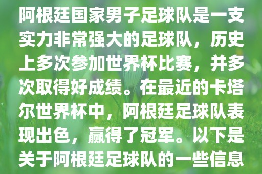 阿根廷国家男子足球队是一支实力非常强大的足球队，历史上多次参加世界杯比赛，并多次取得好成绩。在最近的卡塔尔世界杯中，阿根廷足球队表现出色，赢得了冠军。以下是关于阿根廷足球队的一些信息