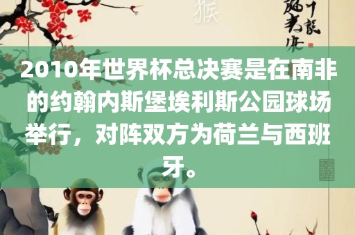 2010年世界杯总决赛是在南非的约翰内斯堡埃利斯公园球场举行，对阵双方为荷兰与西班牙。