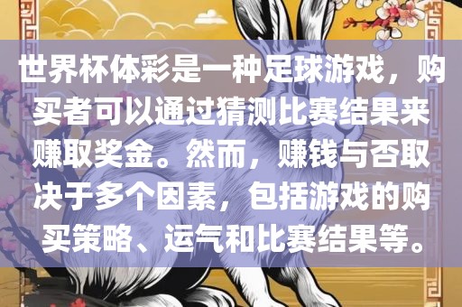 世界杯体彩是一种足球游戏，购买者可以通过猜测比赛结果来赚取奖金。然而，赚钱与否取决于多个因素，包括游戏的购买策略、运气和比赛结果等。