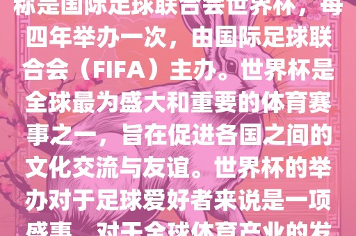 世界杯是一项国际足球赛事，全称是国际足球联合会世界杯，每四年举办一次，由国际足球联合会（FIFA）主办。世界杯是全球最为盛大和重要的体育赛事之一，旨在促进各国之间的文化交流与友谊。世界杯的举办对于足球爱好者来说是一项盛事，对于全球体育产业的发展也具有重要影响。