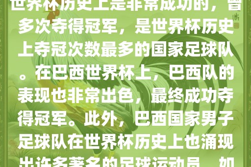 巴西世界杯的代表队伍是巴西国家男子足球队。这支队伍在世界杯历史上是非常成功的，曾多次夺得冠军，是世界杯历史上夺冠次数最多的国家足球队。在巴西世界杯上，巴西队的表现也非常出色，最终成功夺得冠军。此外，巴西国家男子足球队在世界杯历史上也涌现出许多著名的足球运动员，如内马尔、罗纳尔迪尼奥、罗纳尔多等。